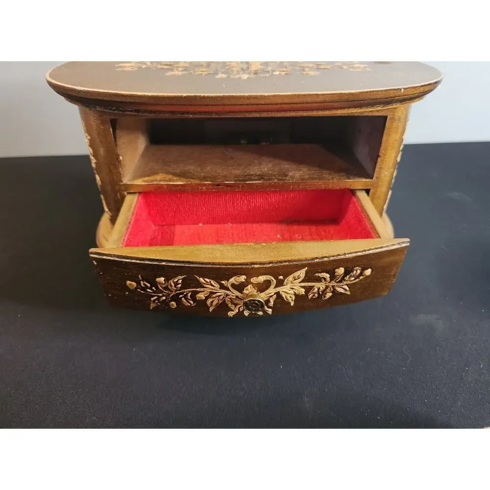 Vintage wood Florentine Jewelry Box-2 Drawers-Gold music box